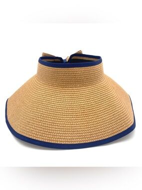 Straw Summer Sun Visor Beach Hat Wide Brim Bow  Women’s Navy & Tan Adjustable